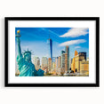Extra large abstract art print of colorful, textured Manhattan skyline on framed canvas, ideal for living room decor.