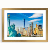Extra large abstract art print of Manhattan skyline in textured gold frame, using muted earth tones.