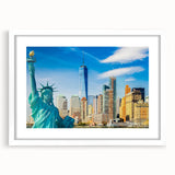 Abstract art print of Manhattan skyline in muted gray and blue tones on a framed poster, ideal for dining room decor.