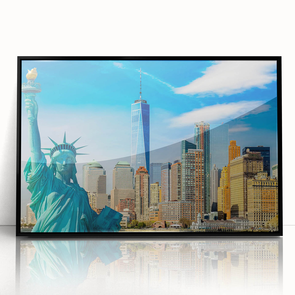 Large abstract wall art of Manhattan skyline in muted gray tones on acrylic, framed in black.