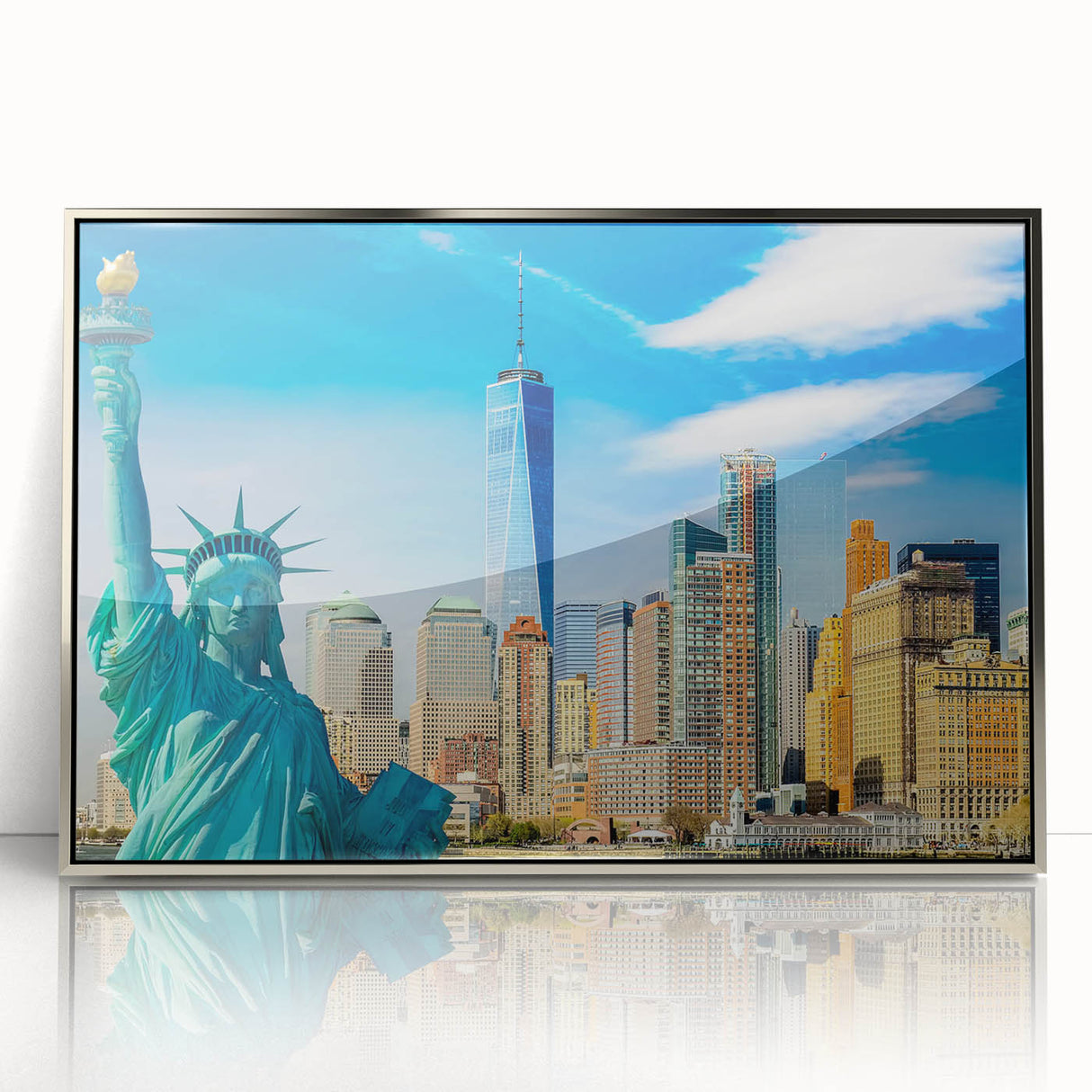 Mid-century modernist art depicting the Manhattan skyline in muted gray and blue tones on a framed acrylic print.