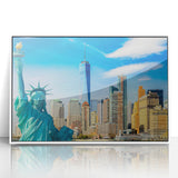 Acrylic print of Manhattan skyline in art deco style with muted gray and blue tones, ideal for modern art wall decor.