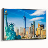 Black and white vintage poster art of Manhattan skyline on framed canvas, suitable for bedroom wall decor.