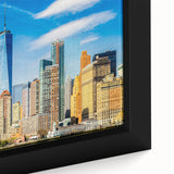 Extra large framed canvas depicting a textured, colorful Manhattan skyline on a black background.
