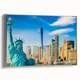 Framed canvas depicting a vintage-style Manhattan skyline in black with colorful accents, ideal for modern living room decor.