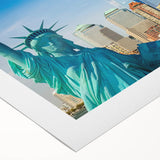 Art deco poster of Manhattan skyline in monochrome shades on rolled canvas, suitable for dining room wall art.