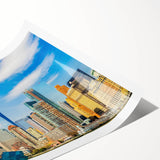 Extra large wall art featuring line art flowers over a Manhattan skyline in black and white, printed on rolled canvas.