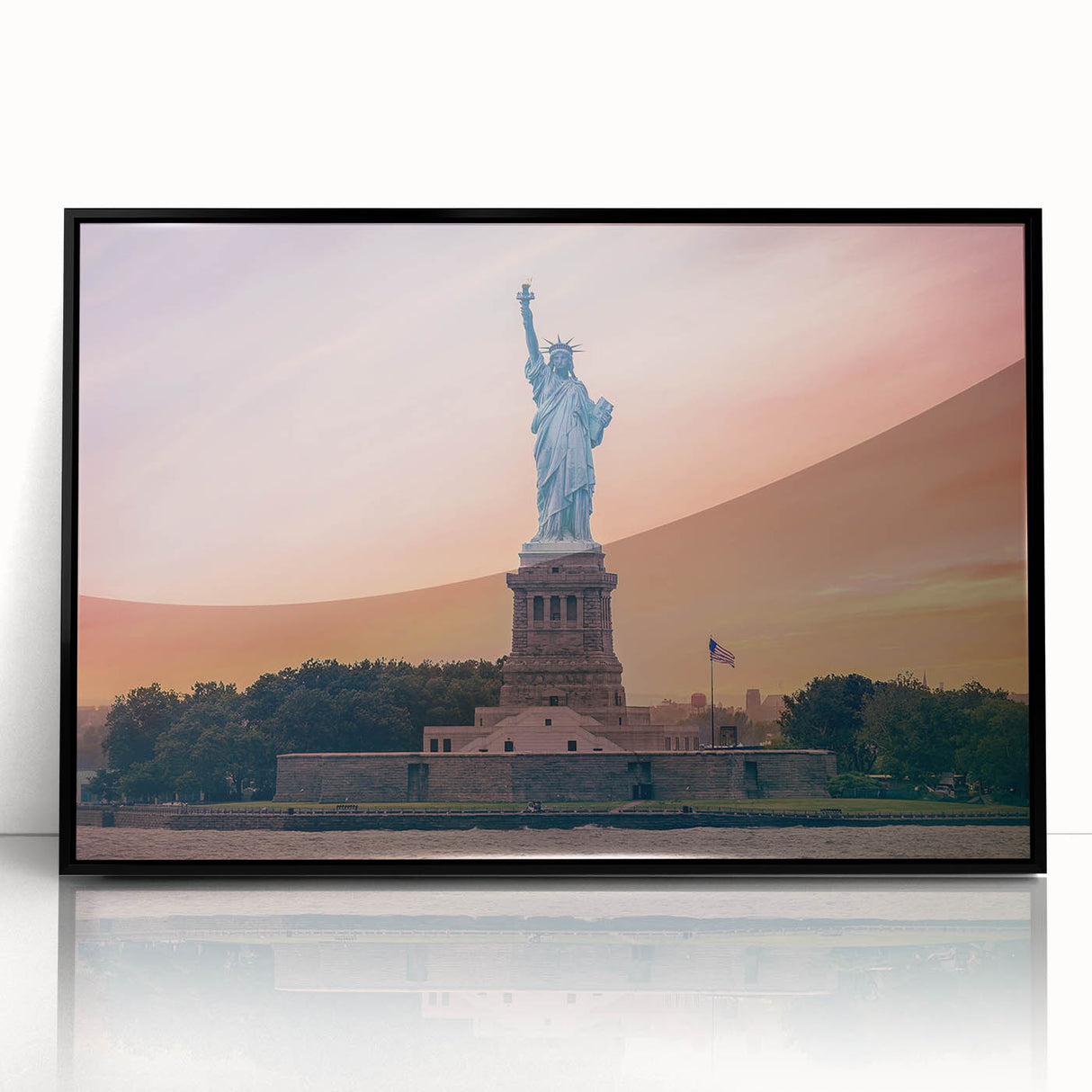 Large abstract wall art of the NYC skyline featuring the Statue of Liberty in muted gray tones on a framed acrylic print.