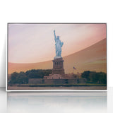 Art deco poster of the Statue of Liberty in muted green and gray tones on a white acrylic framed print.