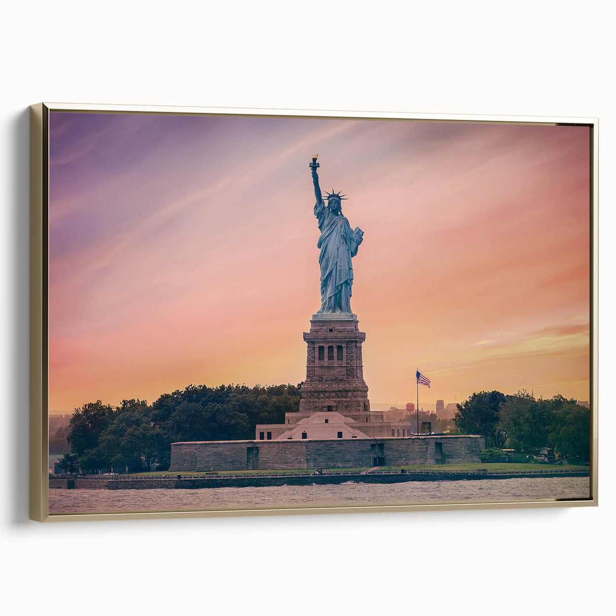 Framed canvas of the Statue of Liberty in black and gold tones, ideal for bedroom wall art.