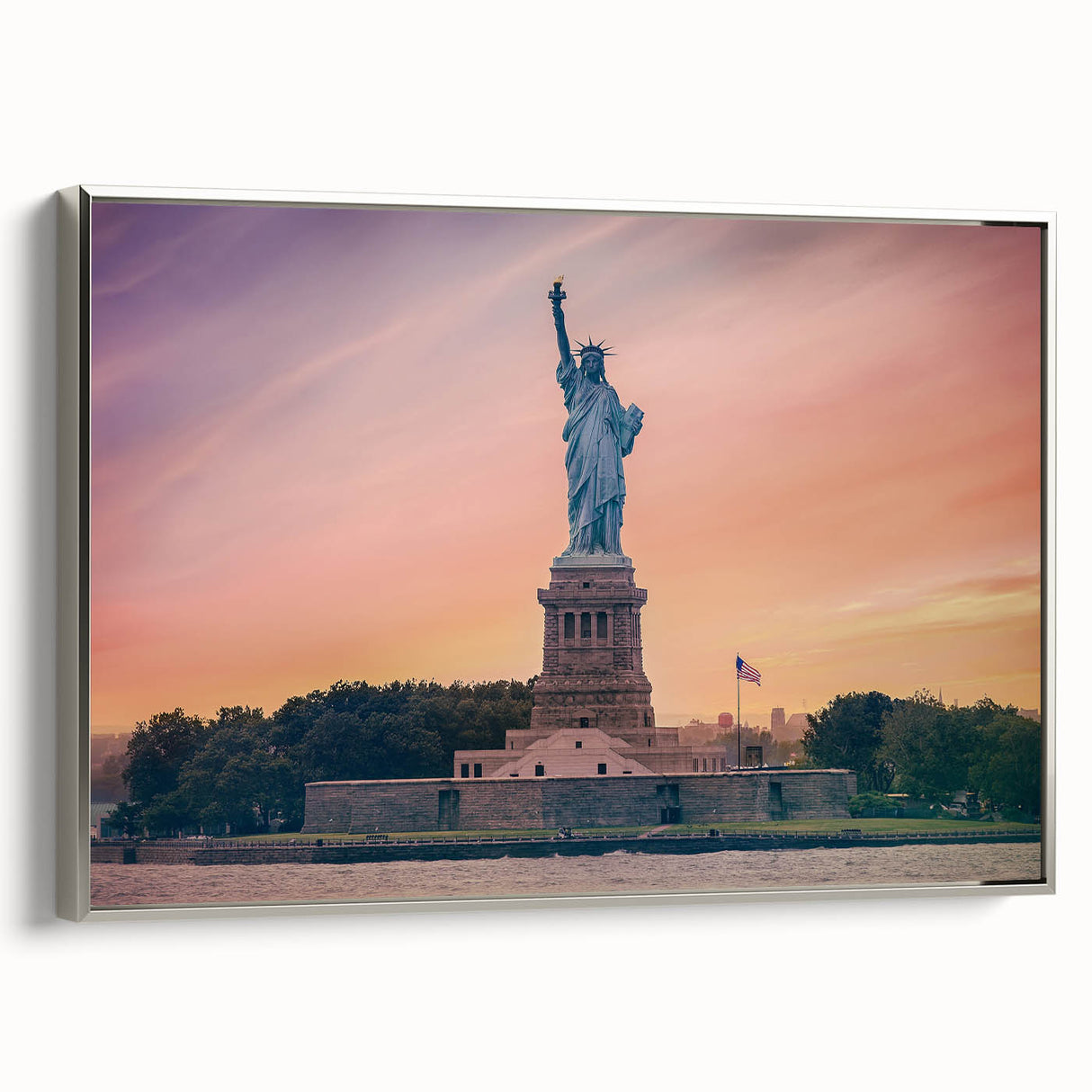 Framed canvas of the Statue of Liberty in muted black and silver tones, ideal for office wall decor.