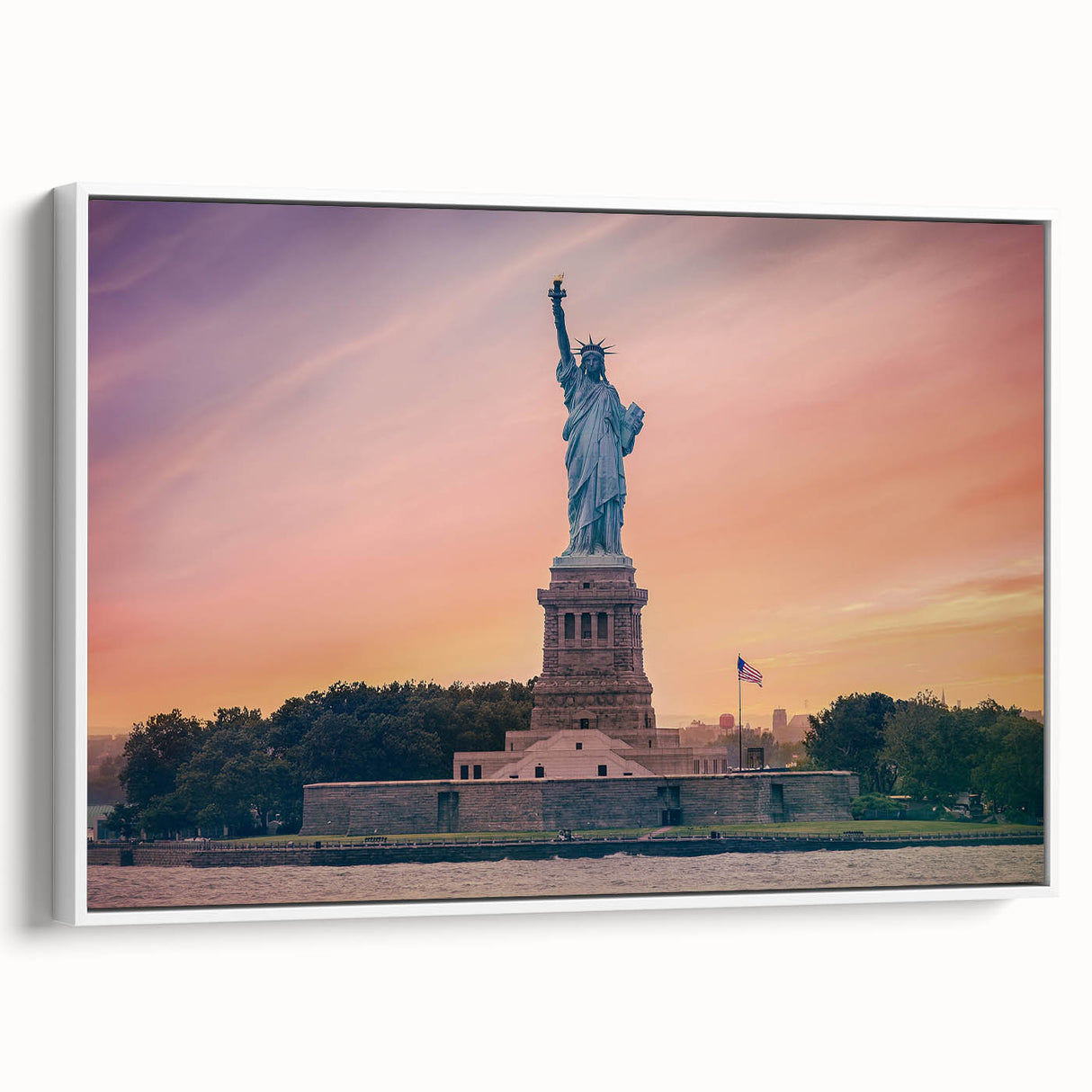 Vintage poster art of the Statue of Liberty on a framed canvas, featuring a black and colorful palette.