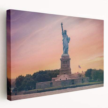 Large art of the Statue of Liberty in muted green and blue tones on stretched canvas, ideal for kitchen wall art.