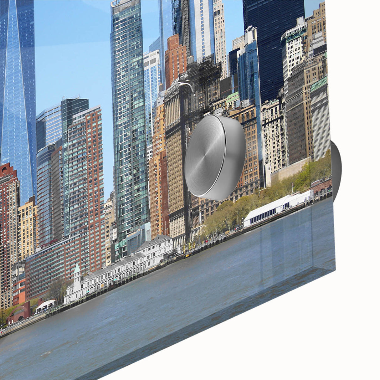 Large abstract depiction of NYC's skyline in muted gray, on acrylic glass, ideal for dining room art.