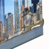 Large abstract depiction of NYC's skyline in muted gray, on acrylic glass, ideal for dining room art.
