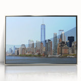 Mid-century modernist art depicting the NYC skyline with silver acrylic framing, suited for modern art wall decor.