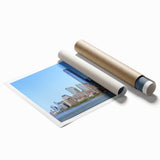 Extra large rolled print of New York City skyline with muted gray tones, ideal for classy bathroom wall art.