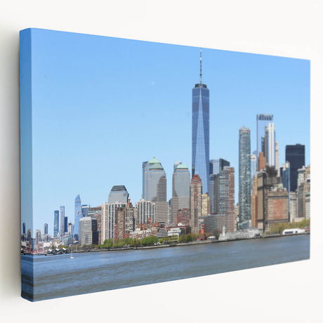 Large art depicting the NYC skyline with a focus on the Trade Center, rendered in muted gray tones on stretched canvas.