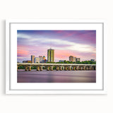 Abstract art print of Oklahoma scenery in muted earth tones on a framed white mat, suitable for bedroom or dining room decor.