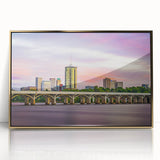 Mid-century modernist style Oklahoma scenery in gold tones on a framed acrylic, suitable for modern art wall decor.