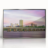 Mid-century modernist Oklahoma landscape on silver-framed acrylic, featuring earthy tones, ideal for nursery wall art.