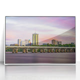 Art deco poster of Oklahoma scenery in muted pastel shades on framed acrylic, suitable for nursery wall art.