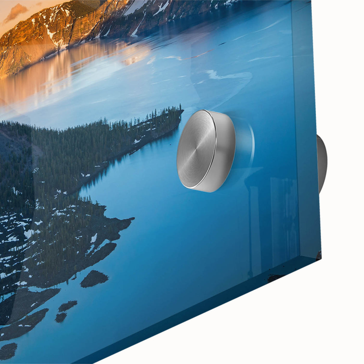 Mid-century modernist style acrylic print of Crater Lake, Oregon, in vibrant blues, ideal for dining room art.