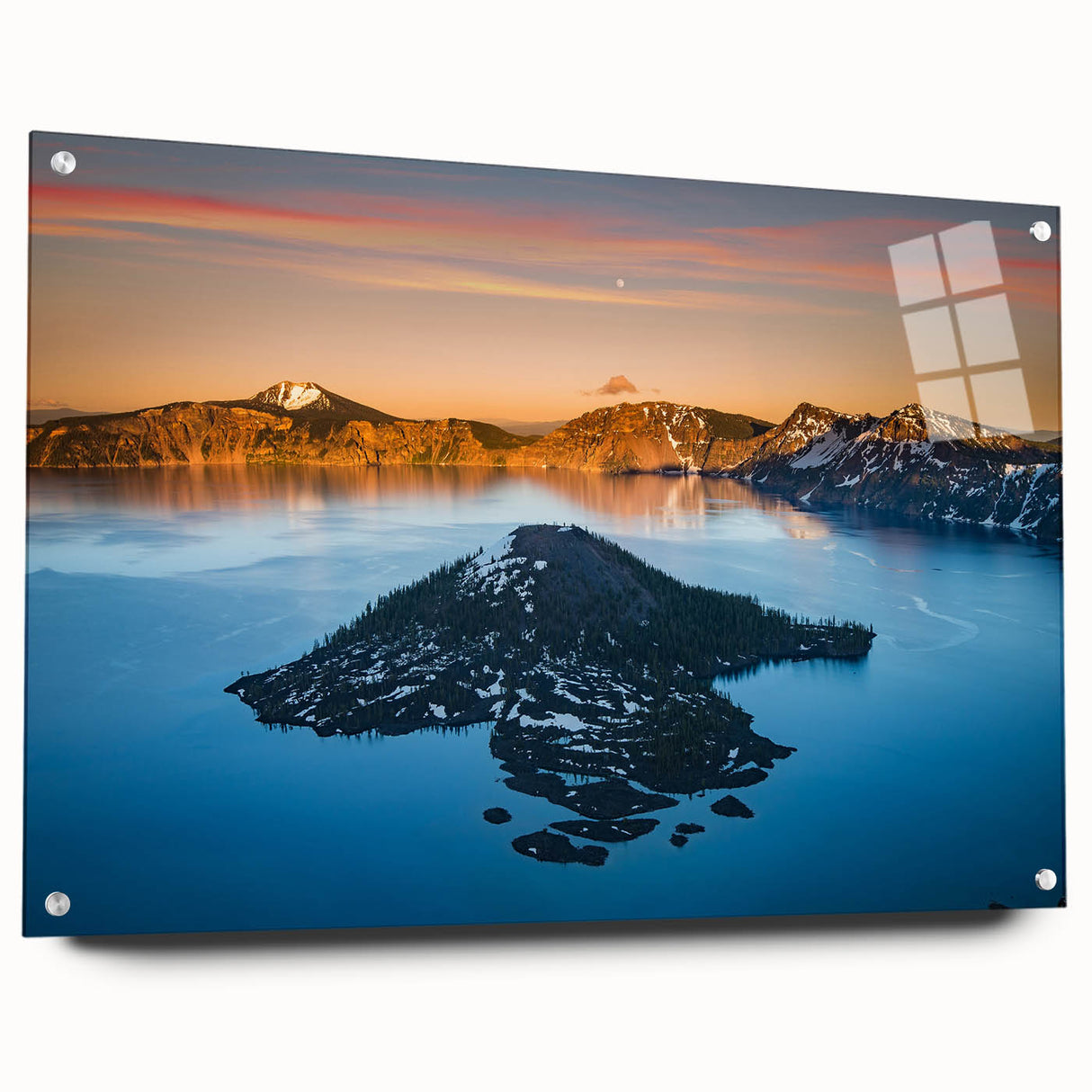 Acrylic print of Crater Lake, Oregon, featuring deep blue waters and surrounding mountains, ideal for dining room decor.