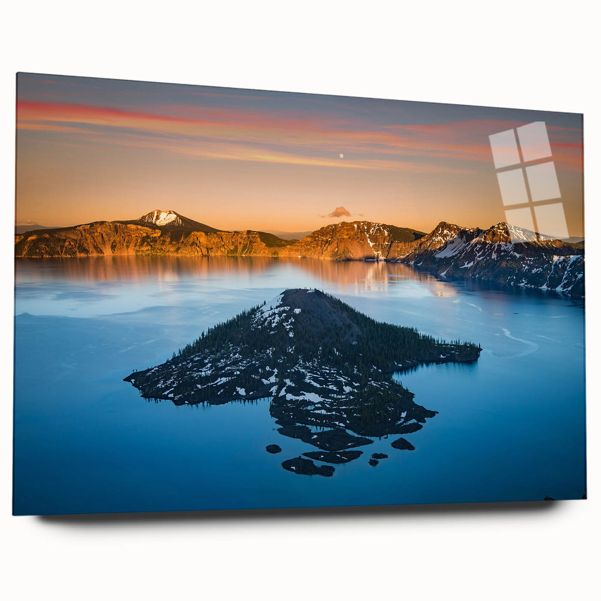 Acrylic print of Crater Lake in muted blue and green tones, suitable for bedroom or dining room art.