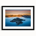 Extra large framed wall art of Crater Lake, Oregon in vibrant blue and green hues, ideal for living room decor.
