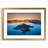 Extra large wall art featuring an abstract print of Crater Lake, Oregon, in textured blues and grays, framed with a gold mat.
