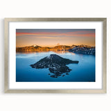 Textured art print of Crater Lake in muted blue and gray tones on a framed canvas, suitable for bedroom decor.