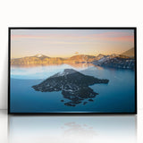 Framed acrylic print of Crater Lake in Oregon, featuring large abstract wall art with shades of blue and green.
