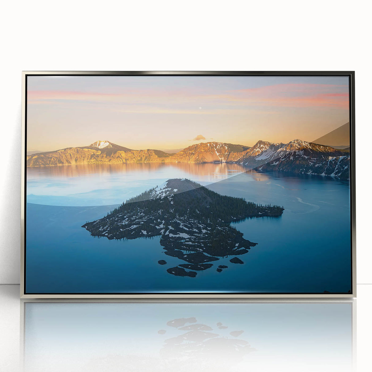 Mid-century modernist art of Crater Lake, Oregon in muted blue tones on a framed acrylic print.