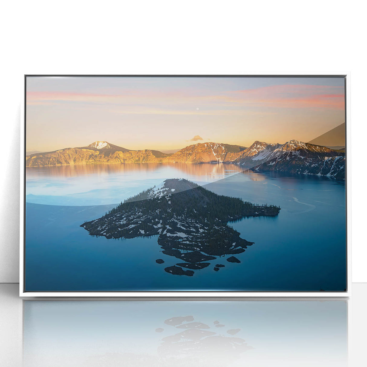 Acrylic print of Crater Lake in Oregon with vivid blue waters and sky, framed in white, suitable for modern art wall decor.