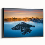 Black and white framed canvas of Crater Lake, Oregon in a vintage poster style, suitable for bedroom decor.