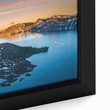 Extra large framed canvas featuring a textured depiction of Crater Lake, Oregon, with a black and colorful art palette.