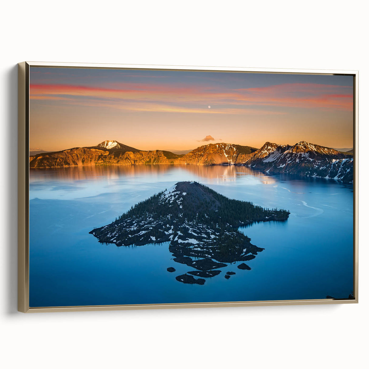 Framed canvas of Crater Lake, Oregon with muted blue and green tones, ideal for bedroom wall art.