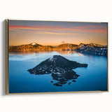 Framed canvas of Crater Lake, Oregon with muted blue and green tones, ideal for bedroom wall art.