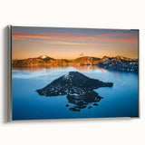 Framed canvas depicting Crater Lake, Oregon, in vibrant blues and greens, suitable for office or study decor.