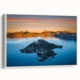 Vintage poster art of Crater Lake, Oregon on a framed canvas, featuring vibrant blue and green tones.