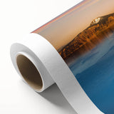 Art deco poster of Crater Lake in muted blue shades on rolled canvas, ideal for nursery wall art.
