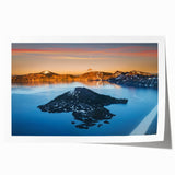 Crater Lake panoramic view in muted blue tones on a rolled canvas, ideal for art wall dining room.