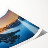 Extra large wall art of Crater Lake, Oregon, in vibrant blues and greens on a rolled print.