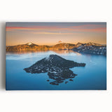 Black and white photographic print of Crater Lake, Oregon on stretched canvas, ideal for kitchen wall art.