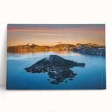 Black and white image of Crater Lake, Oregon on stretched canvas, suitable as large kitchen wall art or bedroom decor.