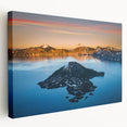 Crater Lake panoramic print on stretched canvas, featuring vivid blue and green tones, suitable for kitchen wall art.