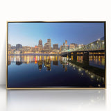 Mid-century modernist Portland, Oregon scenery on a gold-framed acrylic, featuring soft earth tones.