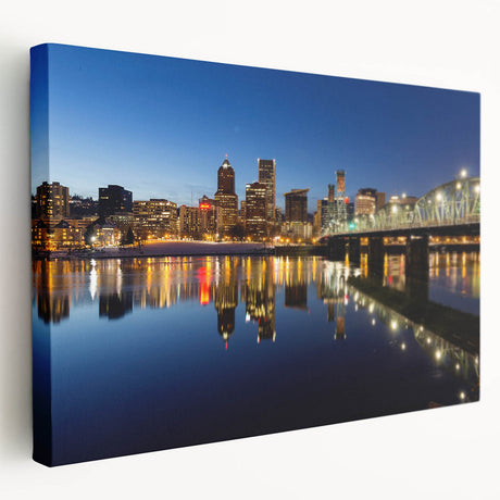 Side view of a large stretched canvas depicting the Portland, Oregon skyline in muted gray and green tones.