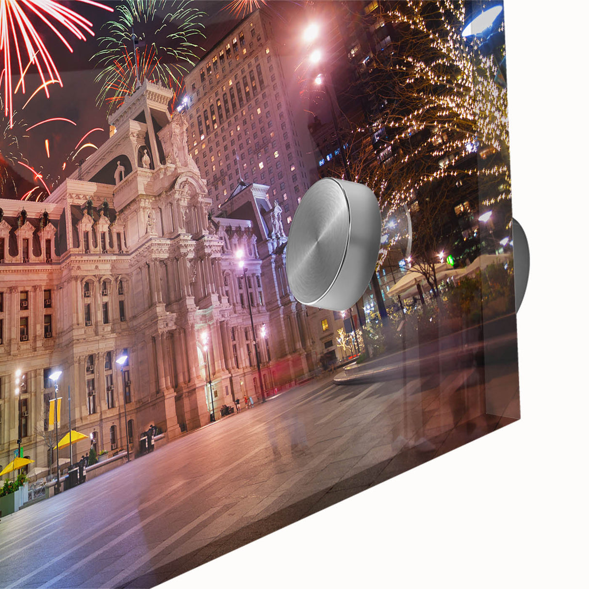Large abstract wall art of Philadelphia skyline in muted blues and grays on acrylic glass, suitable for dining room ambiance.
